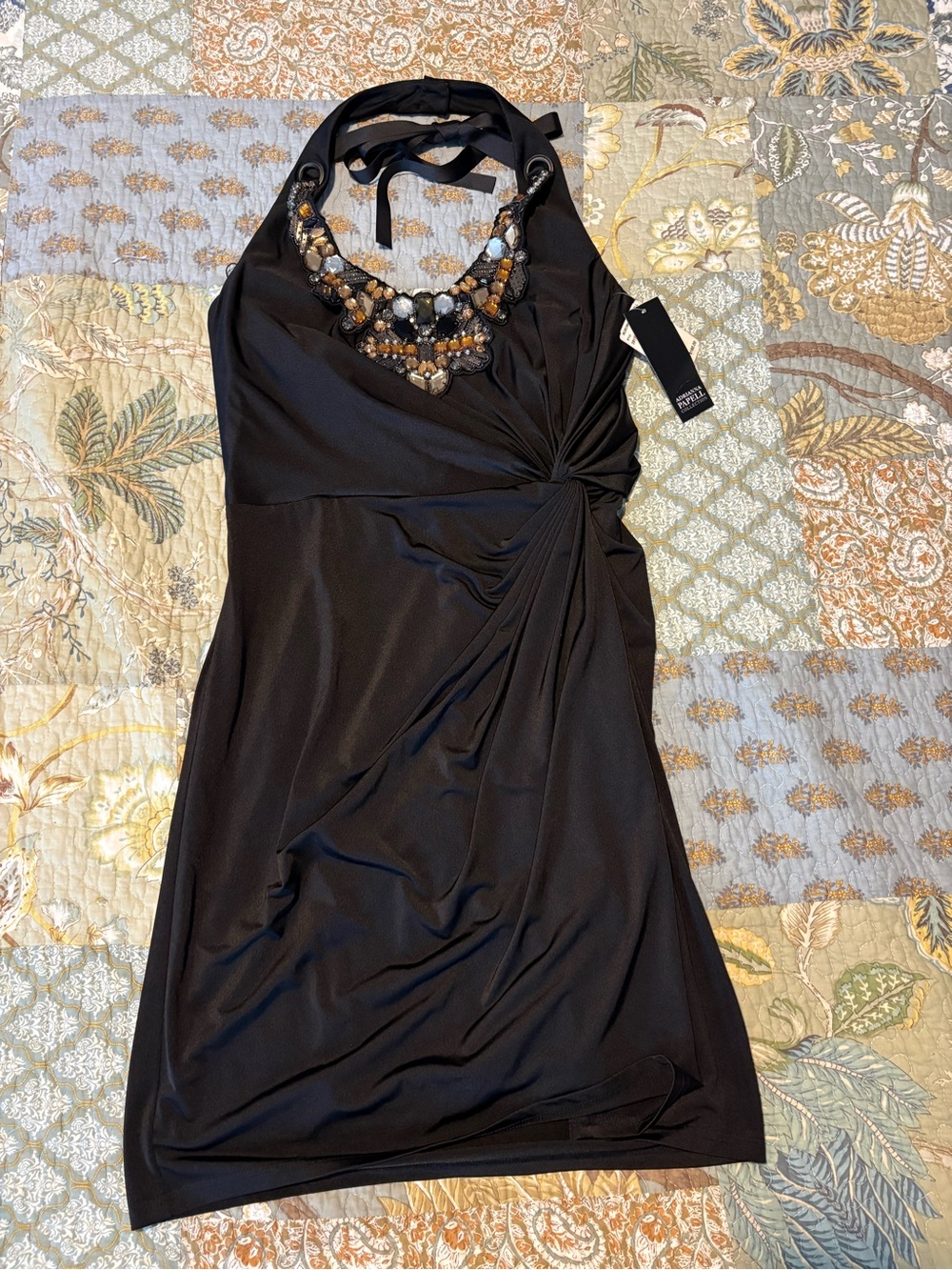 Adrianna Papell Black One-Shoulder Halter Dress with Beaded Neckline